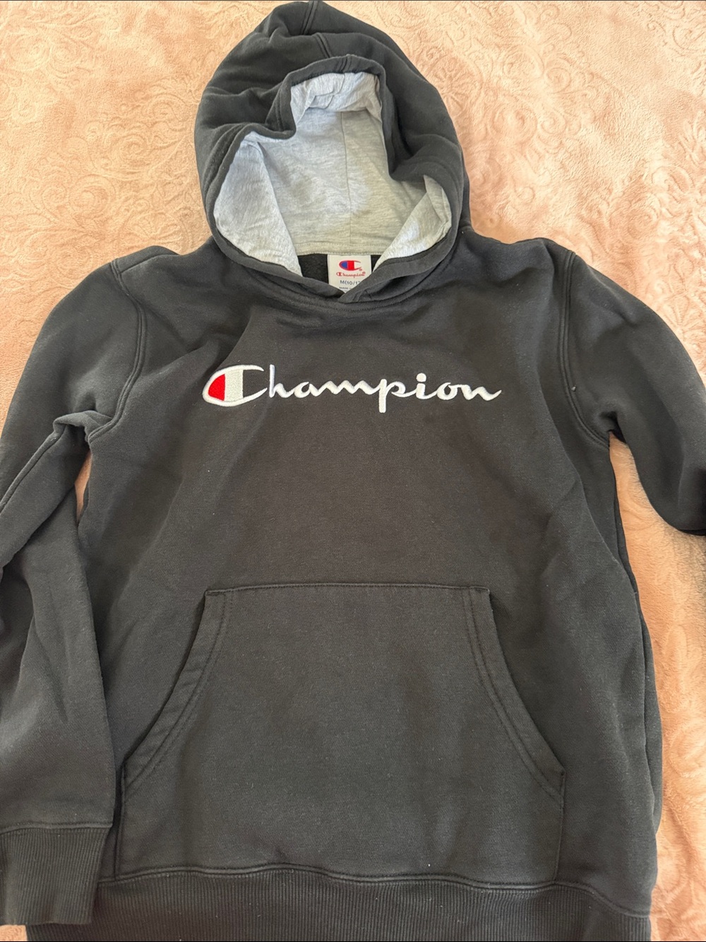 Champion Black Kids Hoodie with Gray Lined Hood and Script Logo